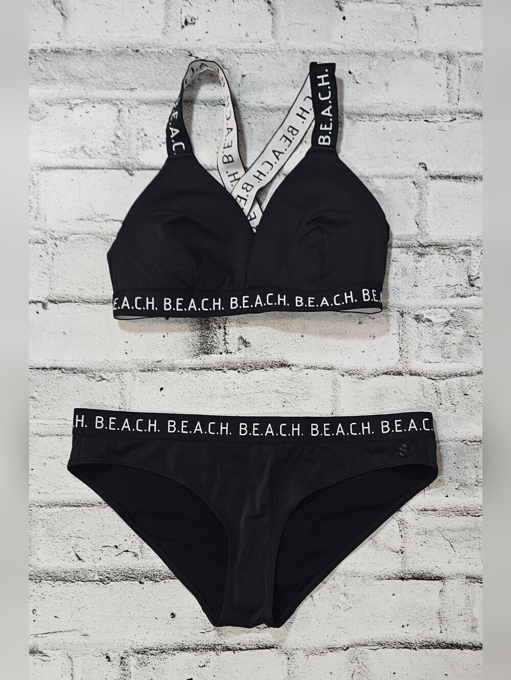 H&M Black Bikini Set Size M Cross Back Logo Strap Two Piece Swimsuit NWOT